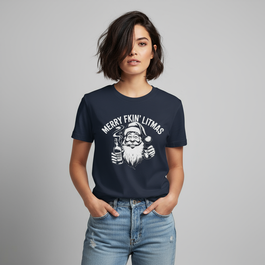 Alternative Middle Eastern female wearing Merry Litmas T-Shirt in navy