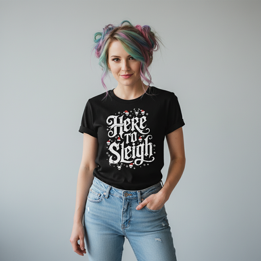 Alternative white female with colorful hair wearing Here to Sleigh T-Shirt in black