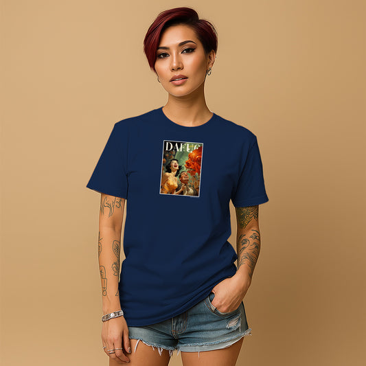 A young woman with short red hair wearing a navy blue t-shirt with a graphic design on it, standing against a beige background.