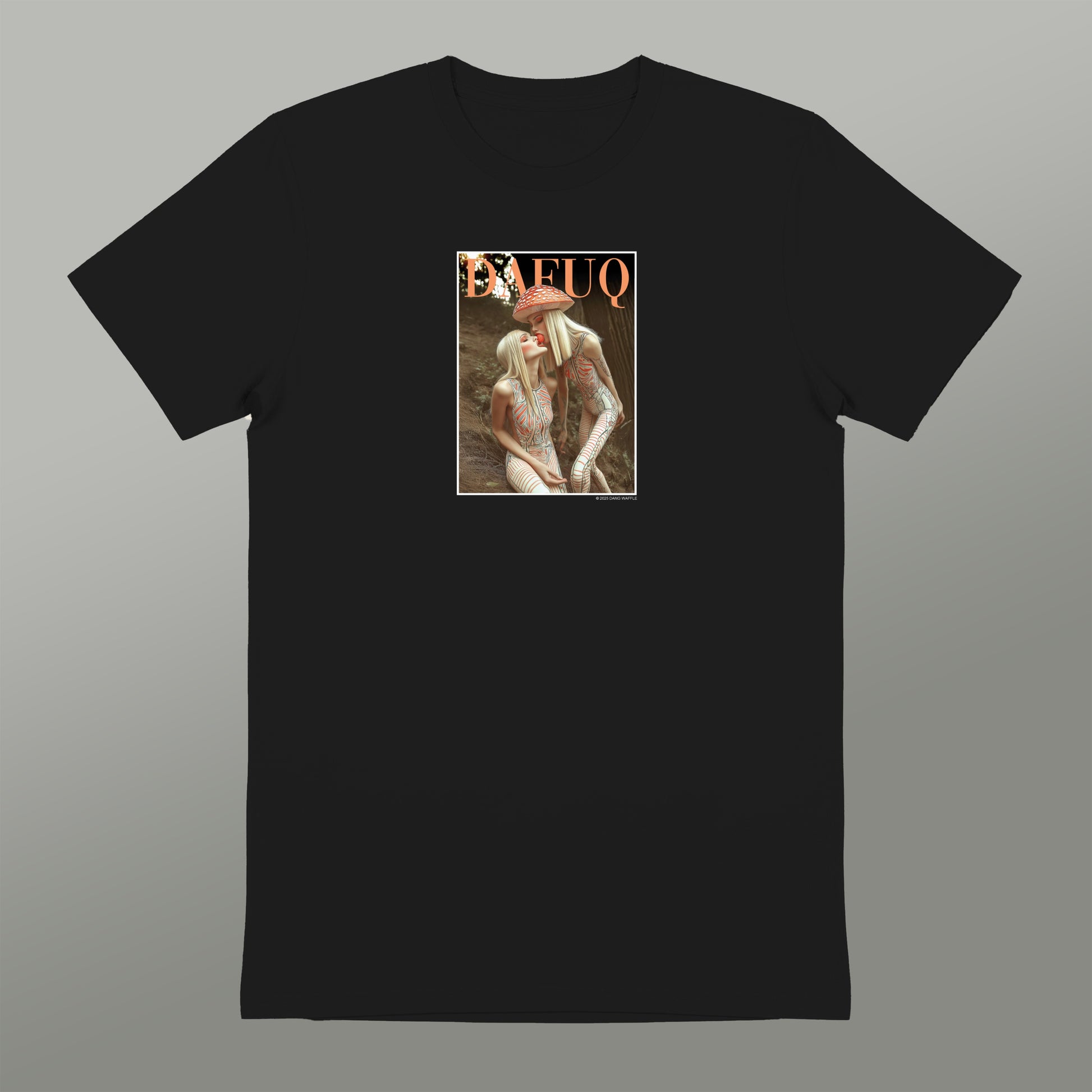 The image is a black t-shirt with a graphic design featuring a person in a white outfit.