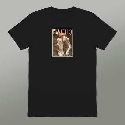 The image is a black t-shirt with a graphic design featuring a person in a white outfit.