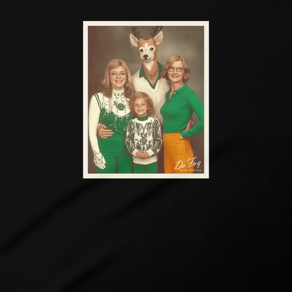 A family portrait featuring three women and a child, with a deer standing between them.