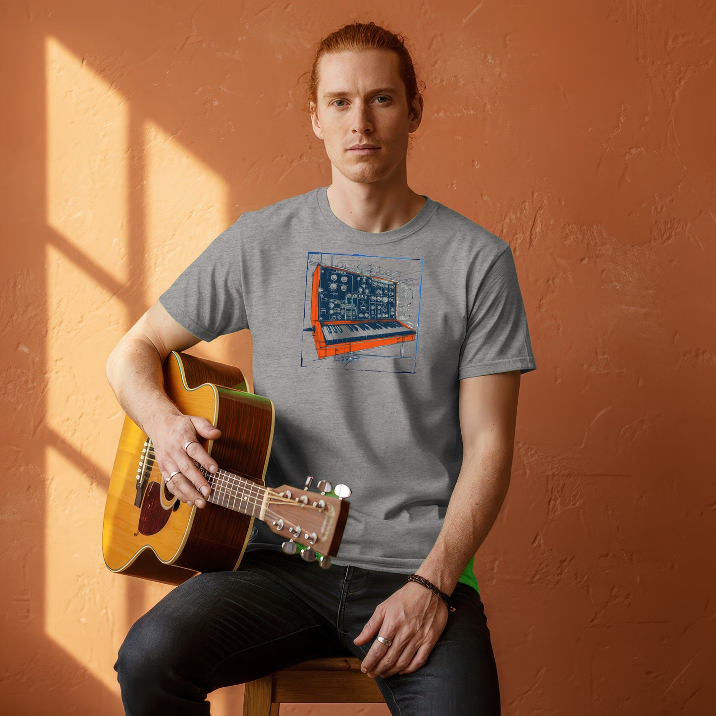 Vintage Synthesizer Illustration on Gray Shirt