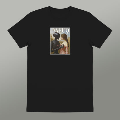 A black t-shirt with a graphic design featuring a woman and a robot or humanoid figure.