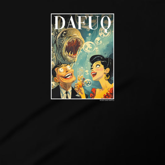 The image is a poster featuring a man and a woman in a whimsical, cartoonish style. The man is holding a glass, and the woman is holding a bouquet of flowers. The background is filled with bubbles, creating a playful and fantastical atmosphere.