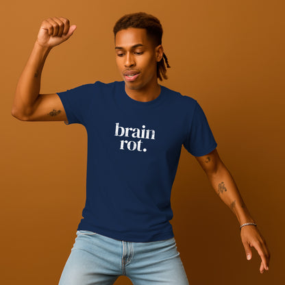 A man wearing a blue t-shirt with the text "Brain rot" is shown in a dynamic pose, with his arm raised and his head tilted back.