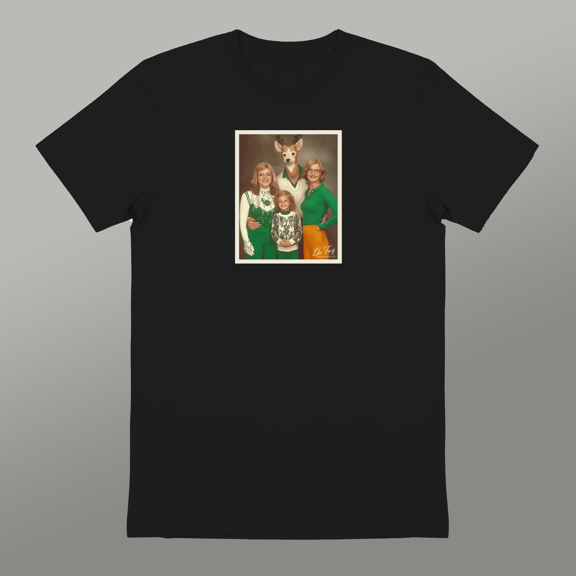 A black t-shirt with a framed image of three people and a dog printed on it.