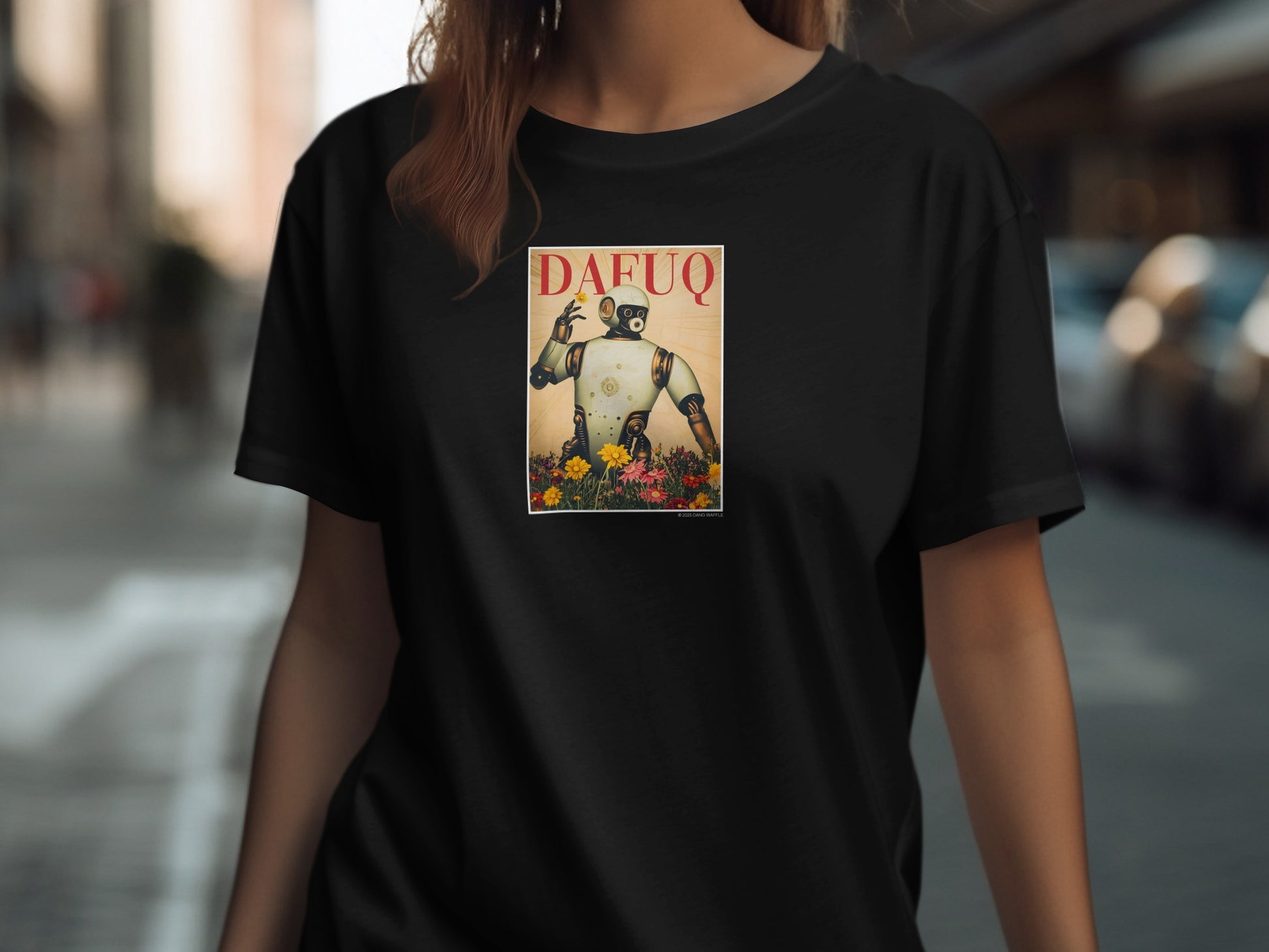 Funny Robot and Flowers Tee for Casual Occasions