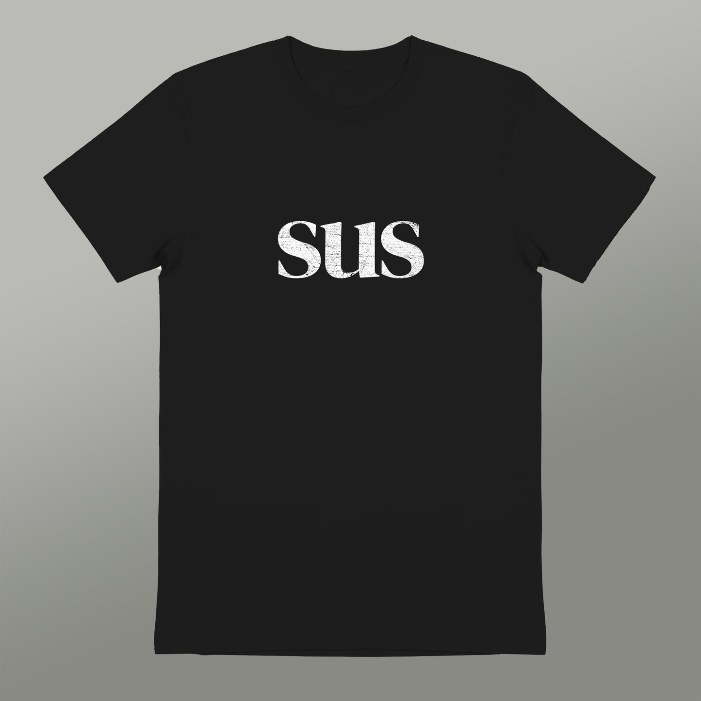 A black t-shirt with the word "SUS" printed in white text.