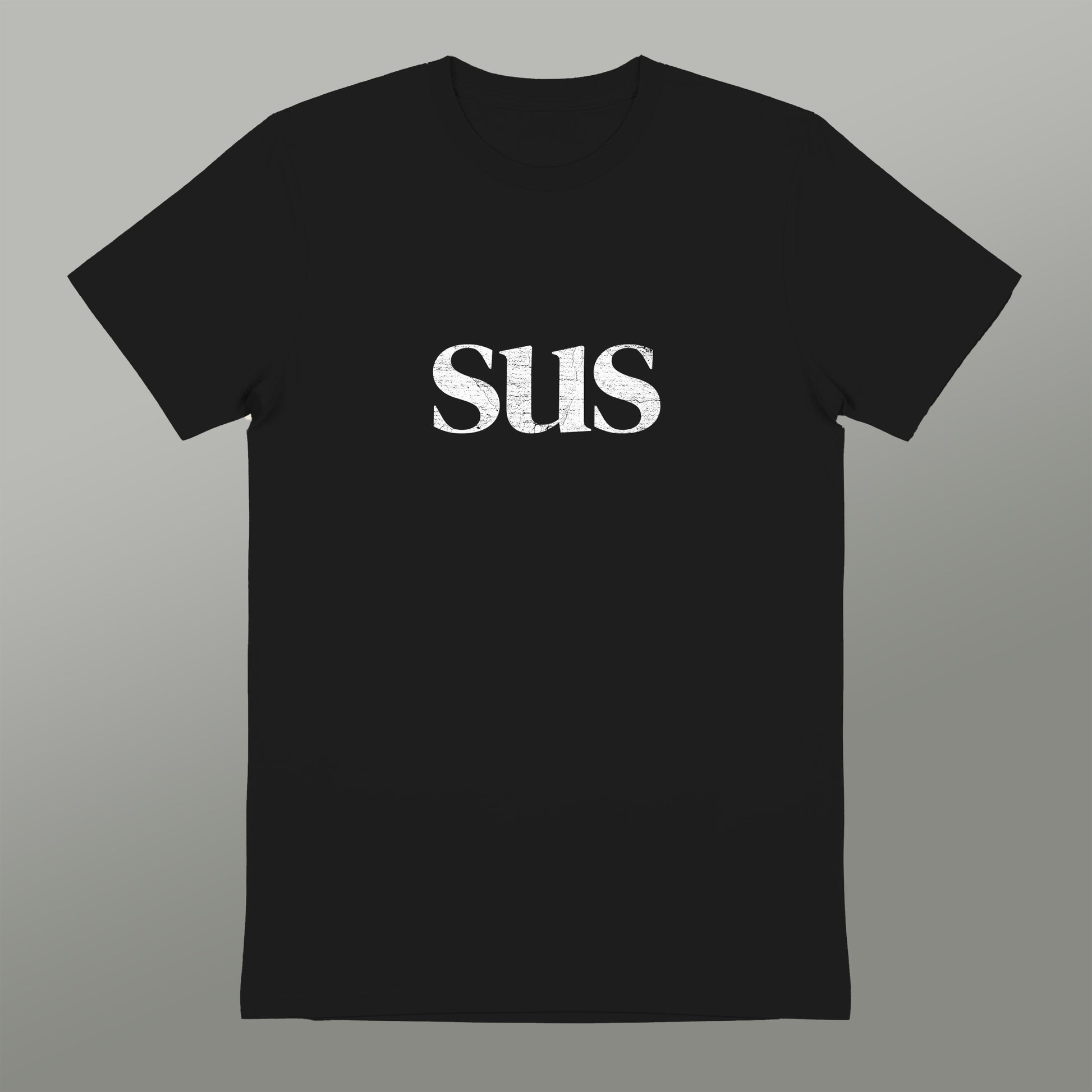 A black t-shirt with the word "SUS" printed in white text.