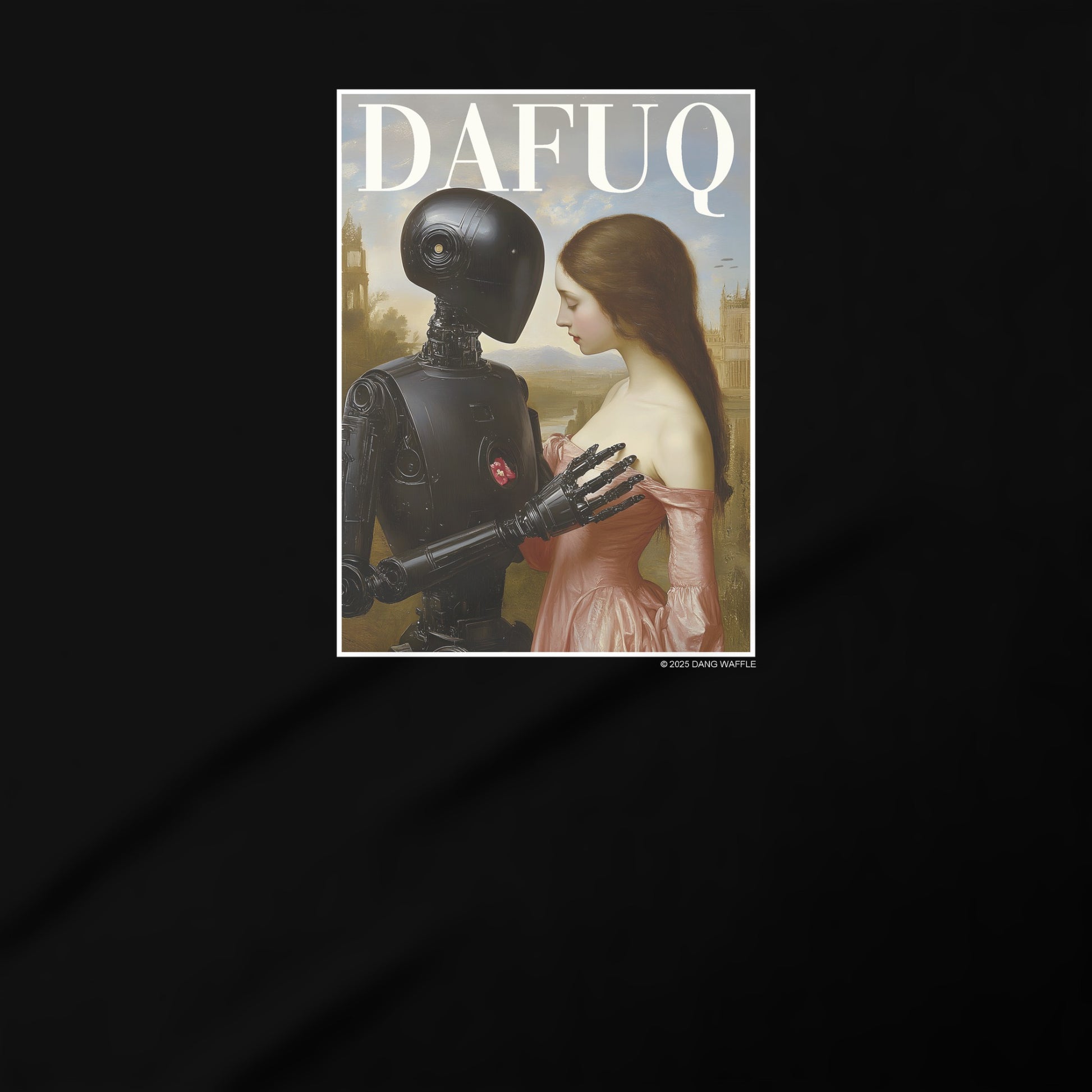 The image is a cover of a magazine or publication titled "DAFUQ" featuring a painting of a woman and a robot.