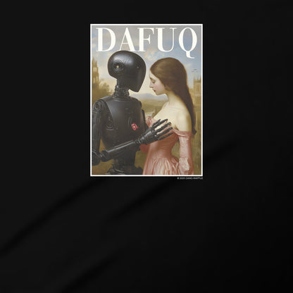 The image is a cover of a magazine or publication titled "DAFUQ" featuring a painting of a woman and a robot.