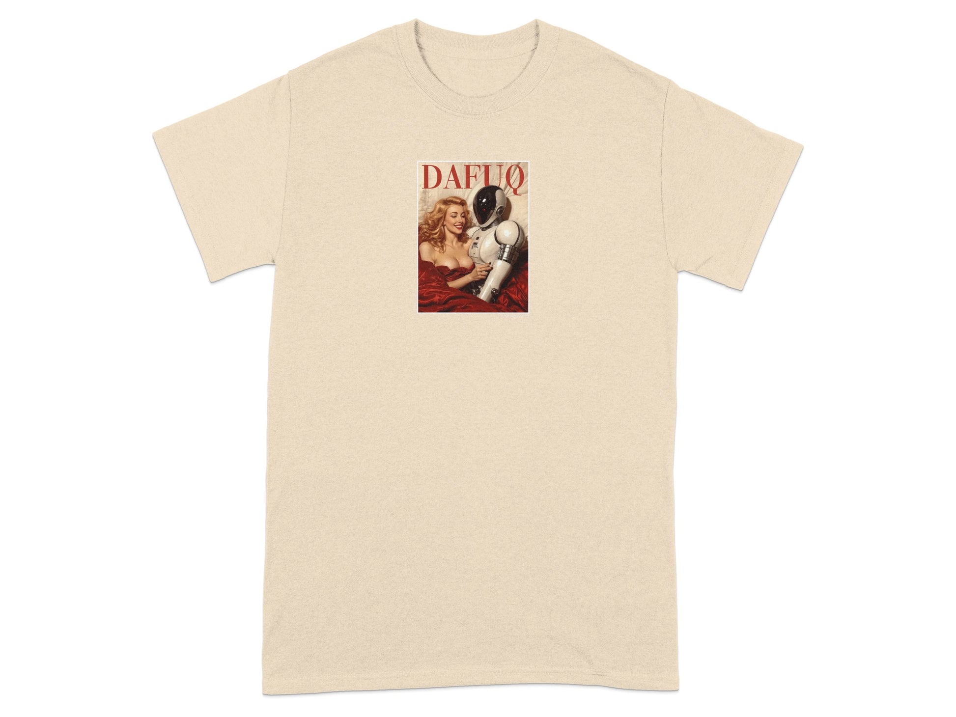 Unique Graphic Tee with Robot and Blonde Design