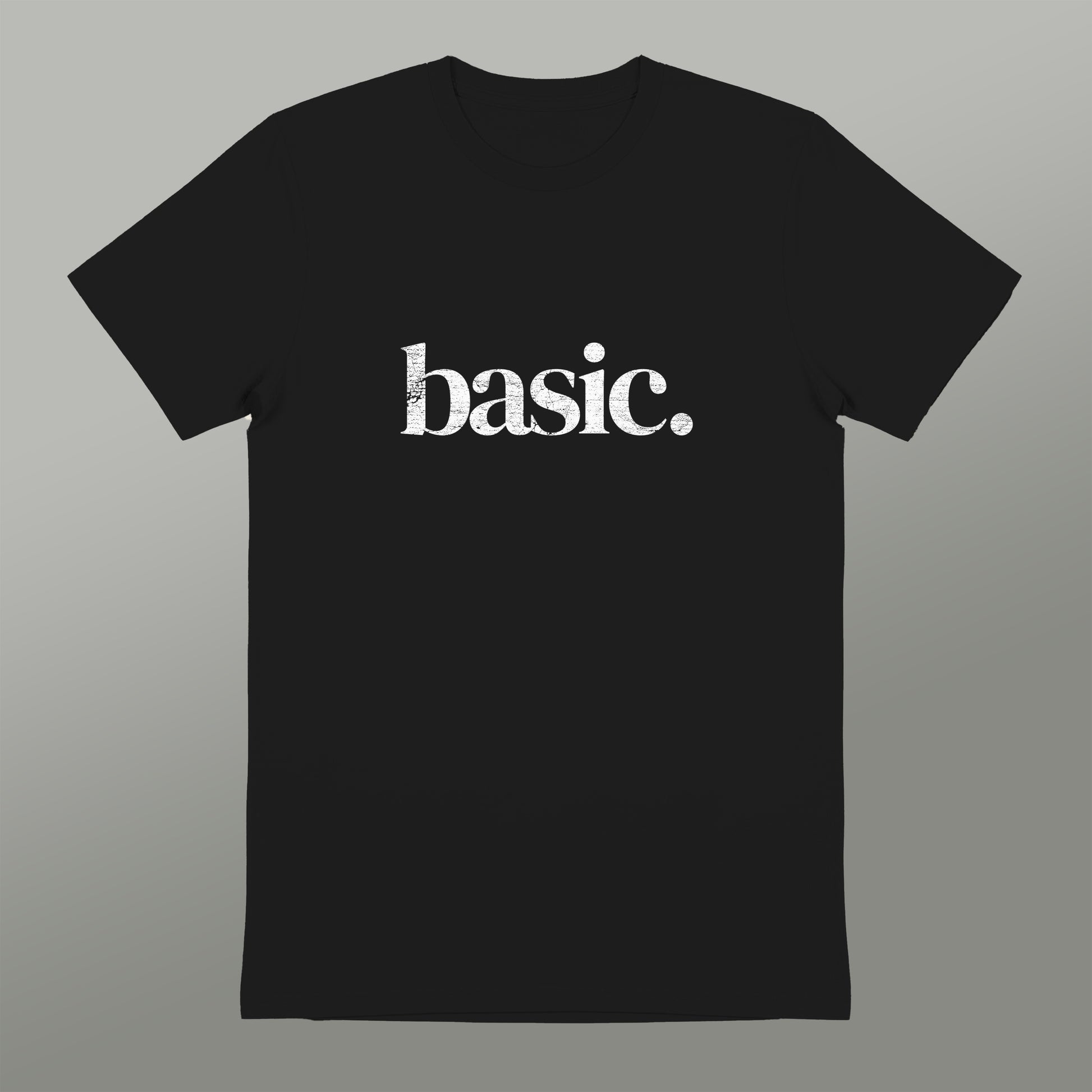 A black t-shirt with the word "basic" printed in white text.
