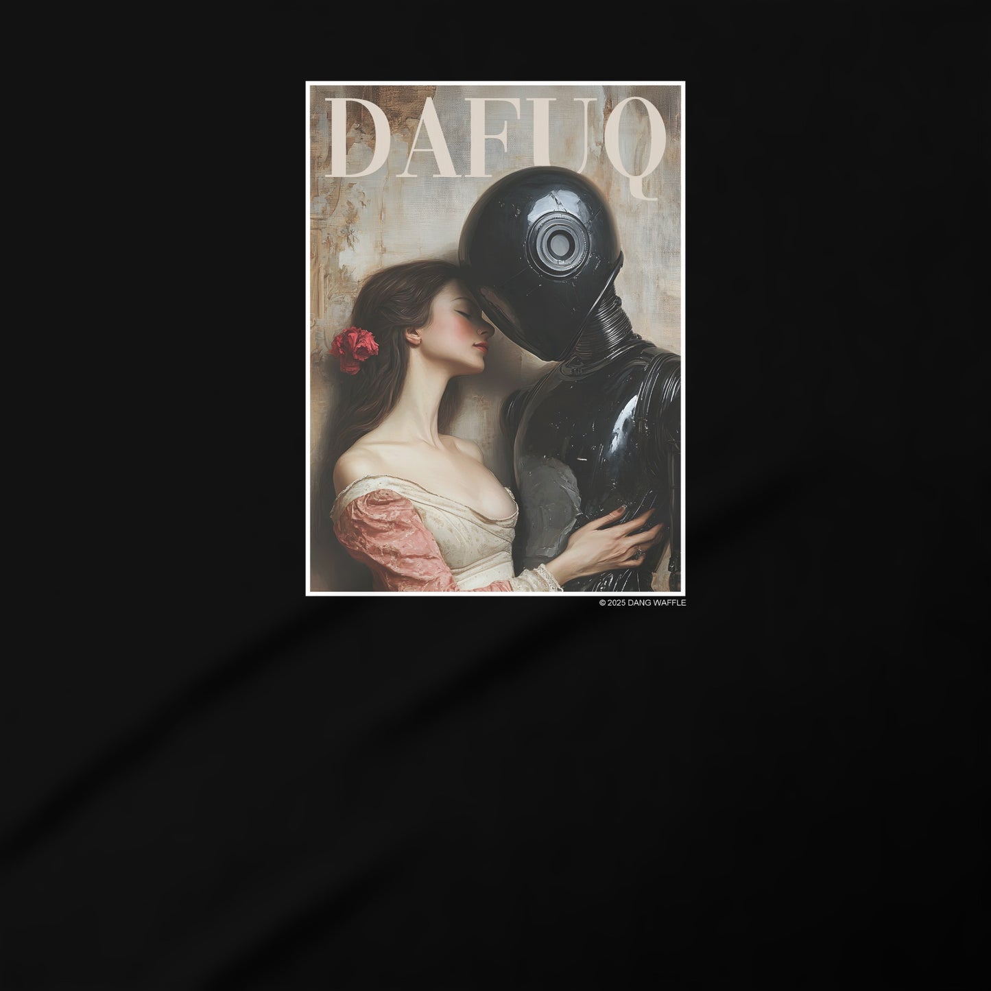 a woman and a robot embracing each other, with the word "DAFUQ" prominently displayed above them.