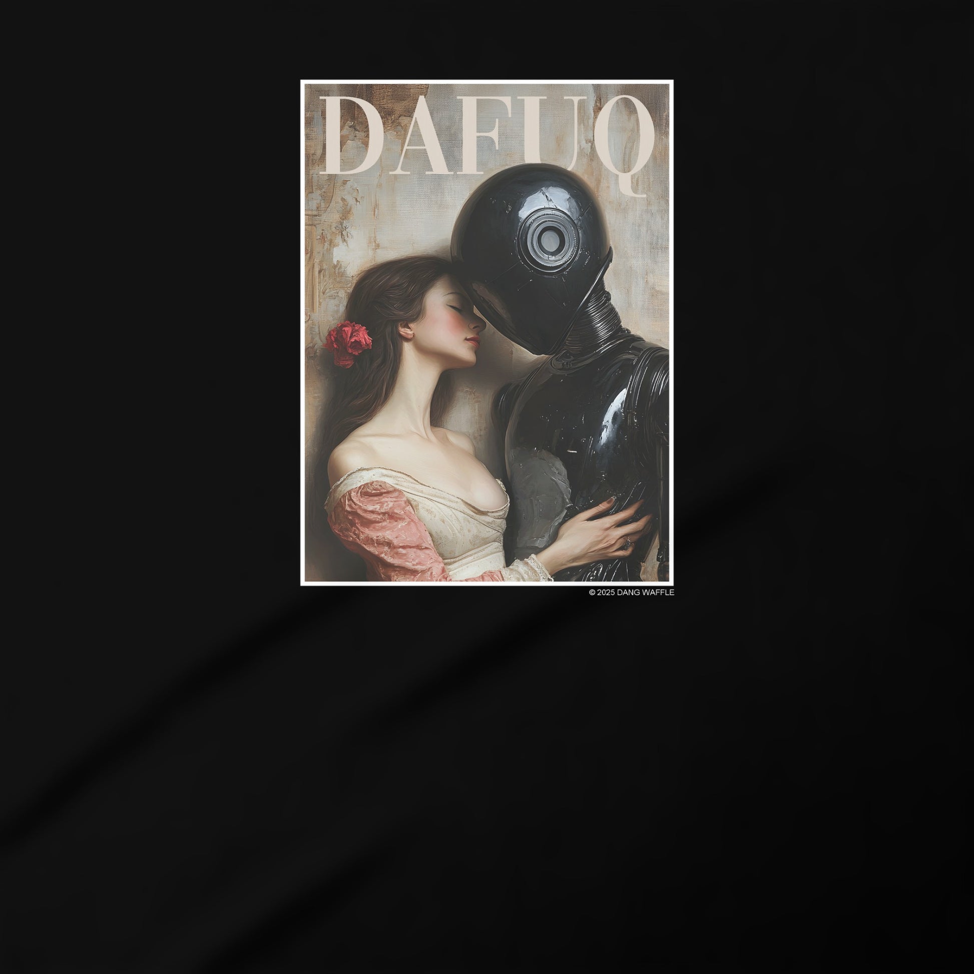 a woman and a robot embracing each other, with the word "DAFUQ" prominently displayed above them.