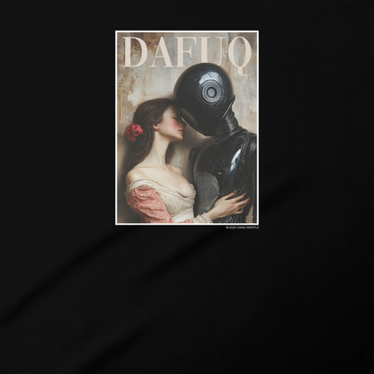 a woman and a robot embracing each other, with the word "DAFUQ" prominently displayed above them.