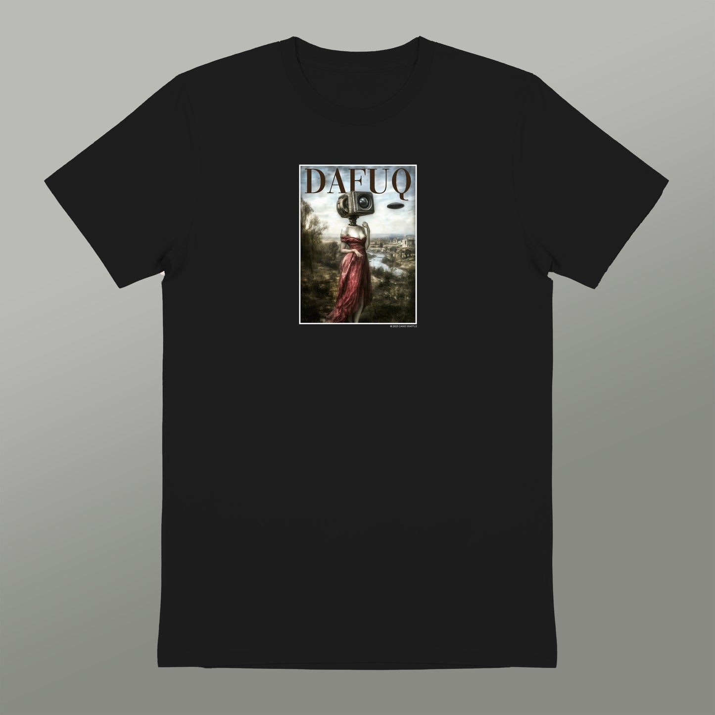 The image is a black t-shirt with a graphic design featuring a woman in a red dress and the text "DAFQ" printed on it.