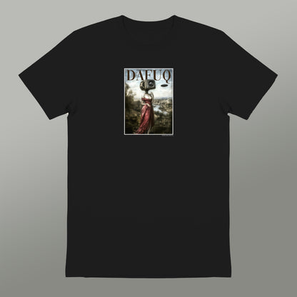 The image is a black t-shirt with a graphic design featuring a woman in a red dress and the text "DAFQ" printed on it.