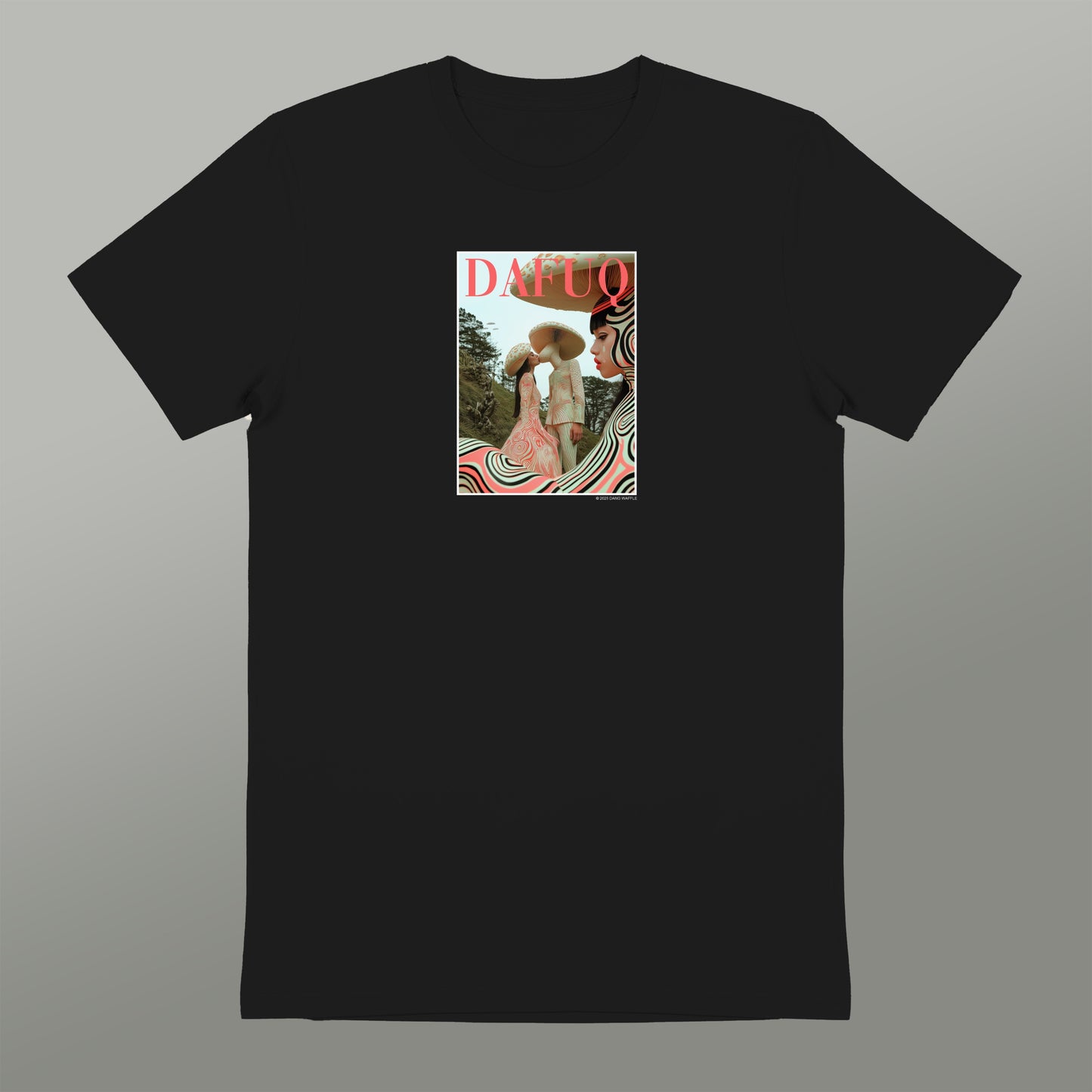 The image is a black t-shirt with a graphic design featuring a woman in a pink dress.