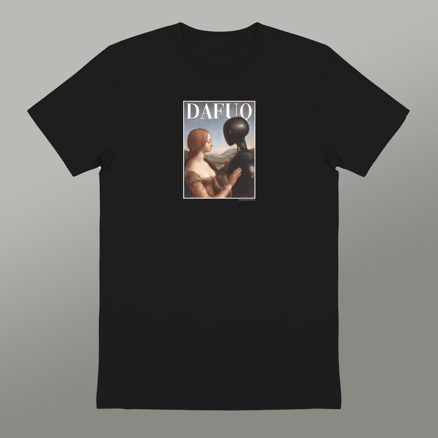 a black t-shirt with a graphic design on the front.