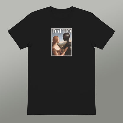 a black t-shirt with a graphic design on the front.