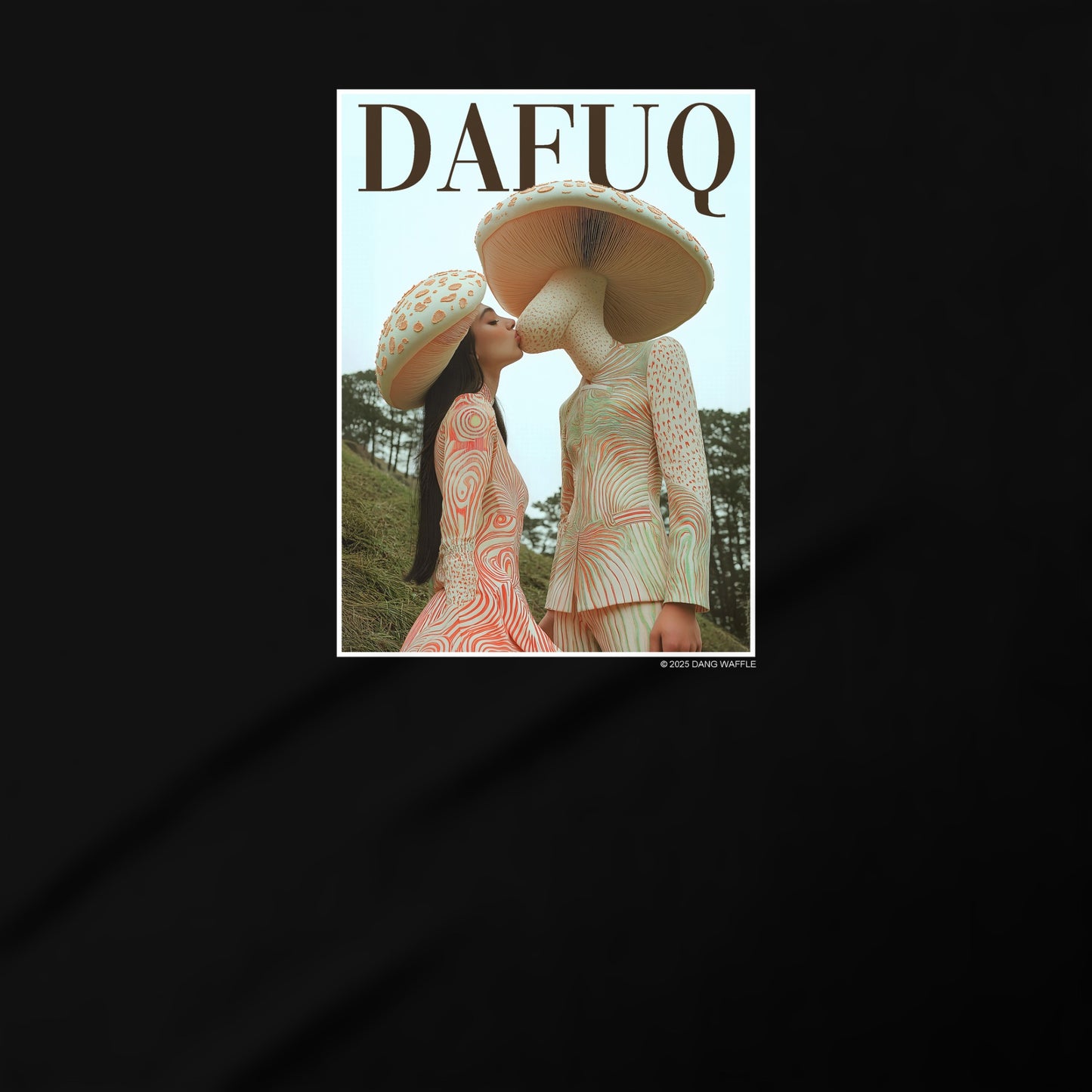 two people kissing, with one person wearing a large hat and the other wearing a dress.