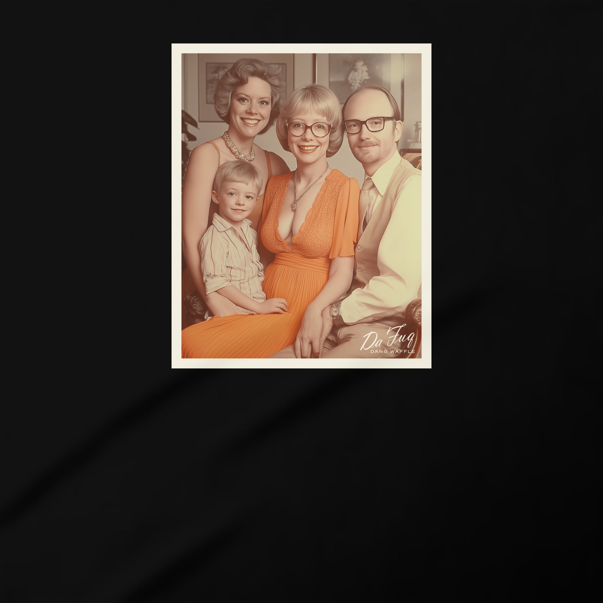 A family portrait of a woman, a man, and a child, all smiling and posing together.