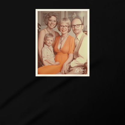 A family portrait of a woman, a man, and a child, all smiling and posing together.