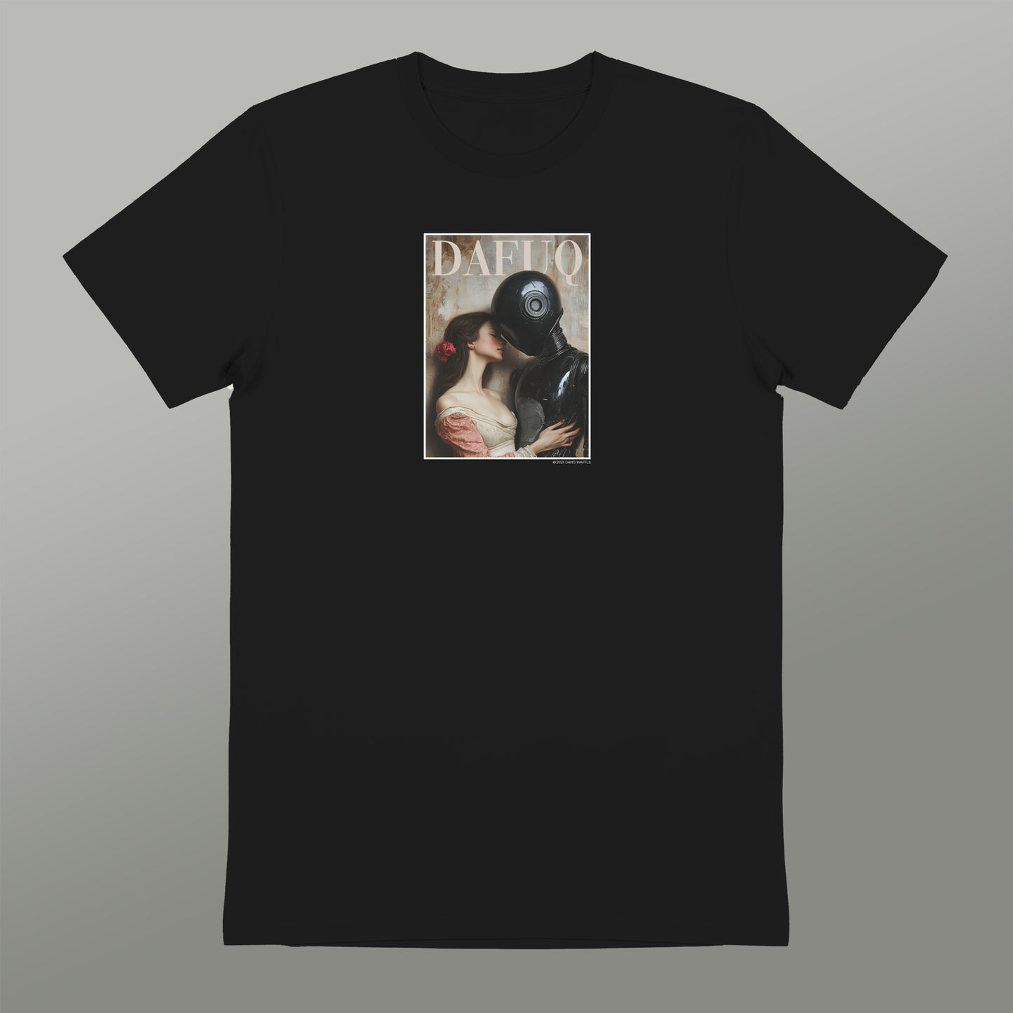 A black t-shirt with a graphic design featuring a couple embracing in a romantic pose.