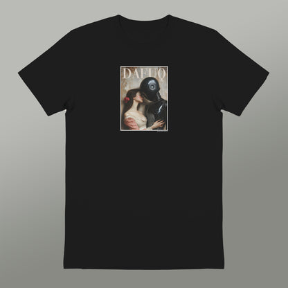 A black t-shirt with a graphic design featuring a couple embracing in a romantic pose.