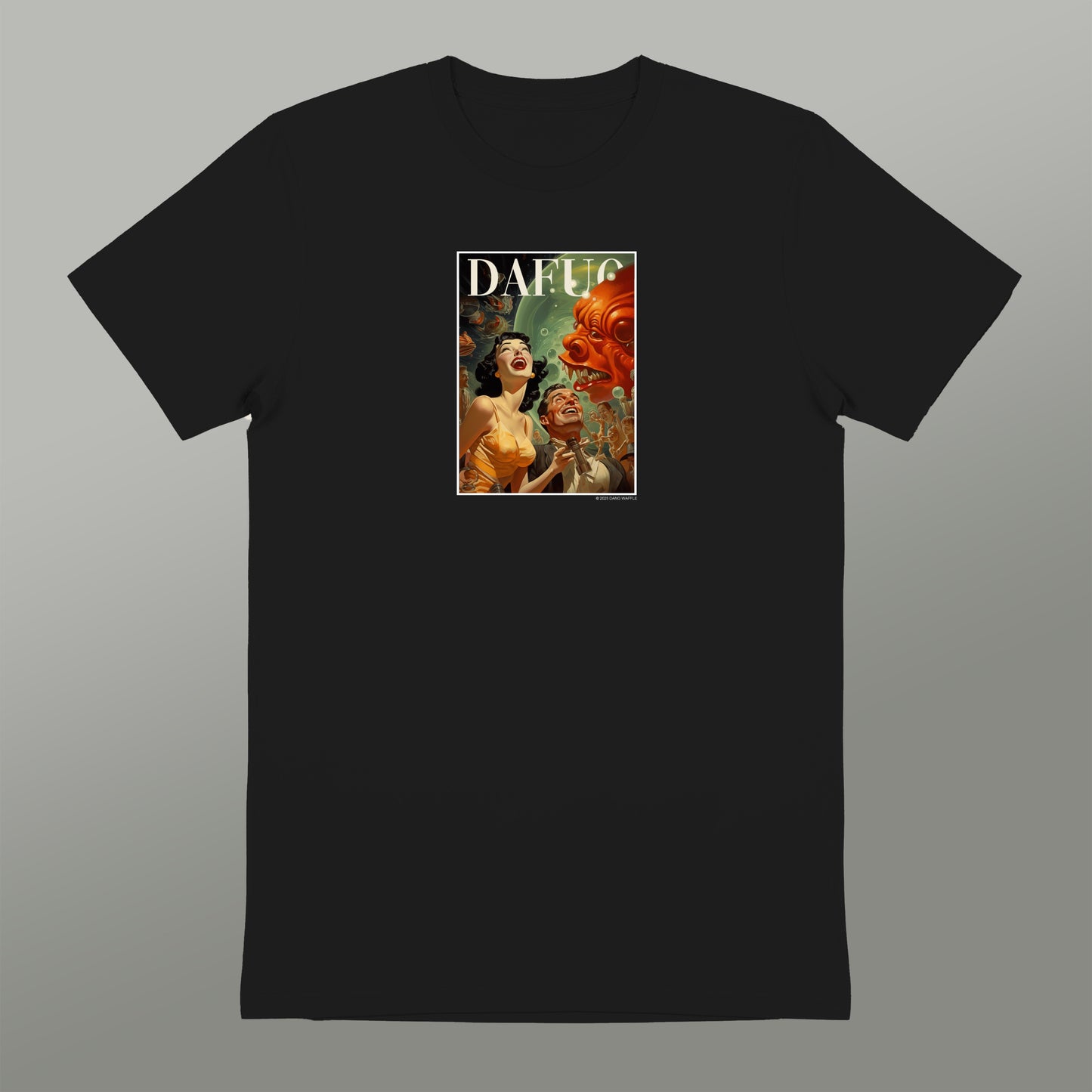 a black t-shirt with a graphic design on the front. The design includes a woman and a large, colorful creature, possibly a dragon or a monster. The text "DAFUC" is visible in the image.