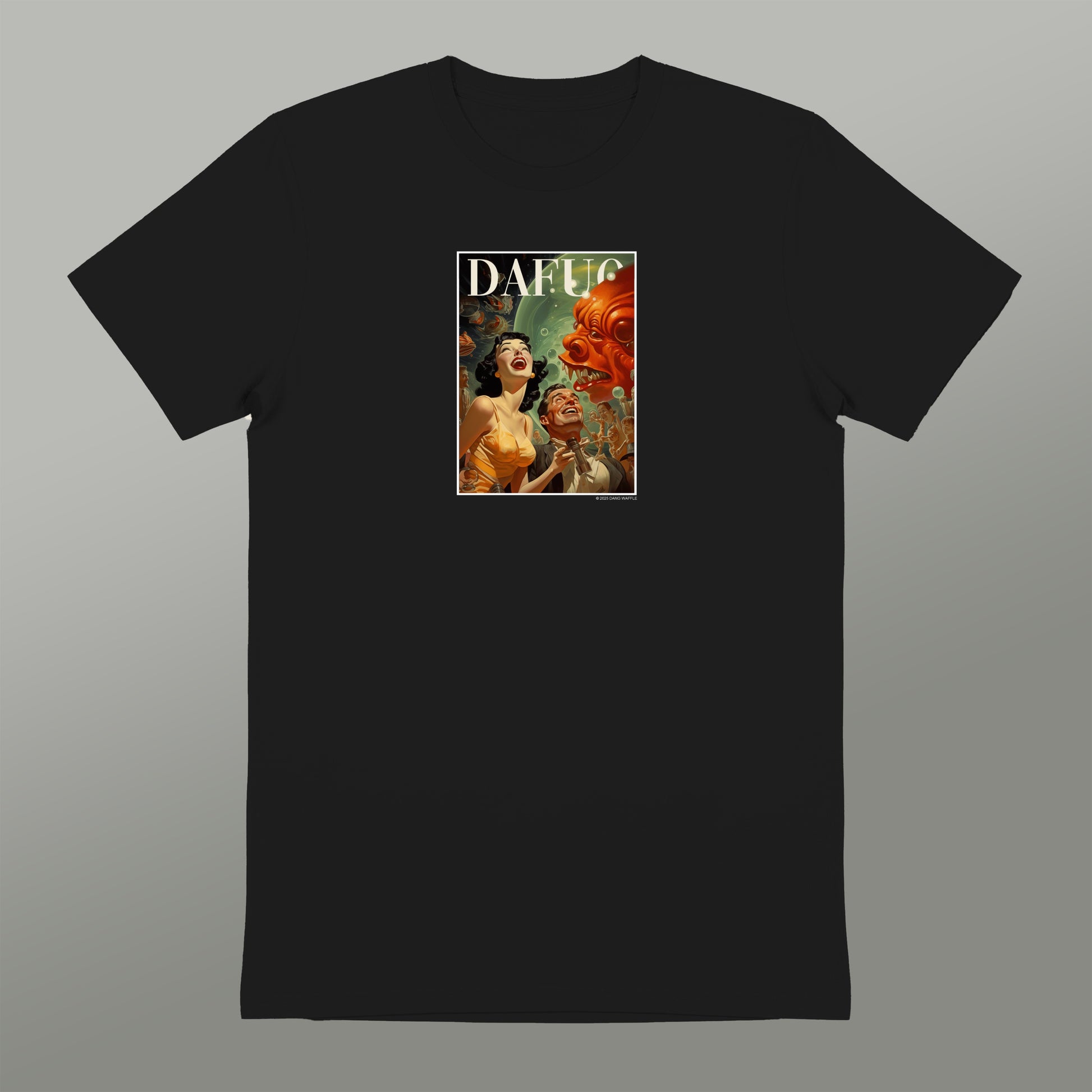 a black t-shirt with a graphic design on the front. The design includes a woman and a large, colorful creature, possibly a dragon or a monster. The text "DAFUC" is visible in the image.