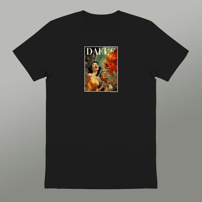 a black t-shirt with a graphic design on the front. The design includes a woman and a large, colorful creature, possibly a dragon or a monster. The text "DAFUC" is visible in the image.