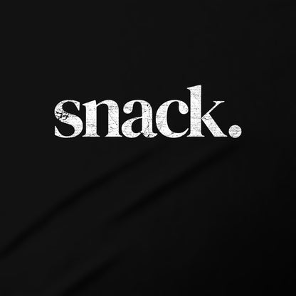 the word "snack" in a stylized font against a black background.