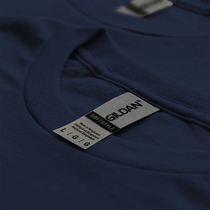 A navy blue t-shirt with a label attached to it.