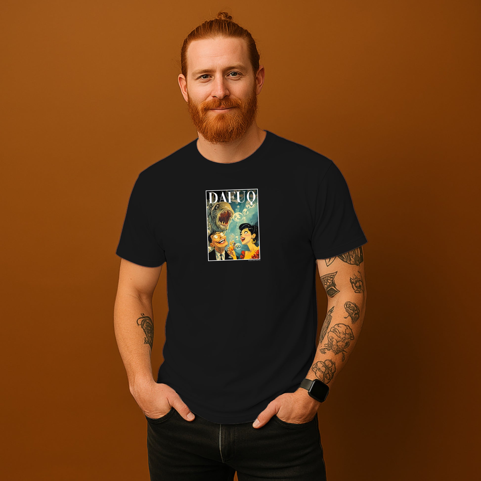 A man with a beard wearing a black t-shirt with a graphic design on it.