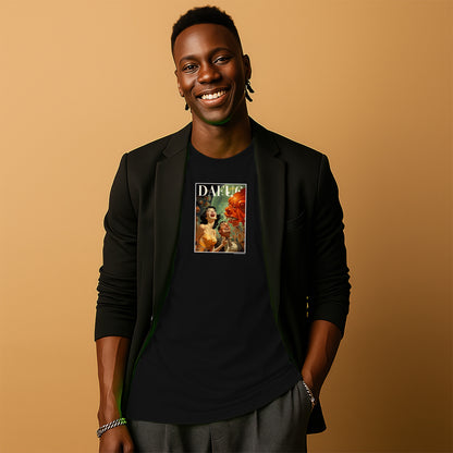A smiling man wearing a black blazer and a black t-shirt with a graphic design stands against a beige background.