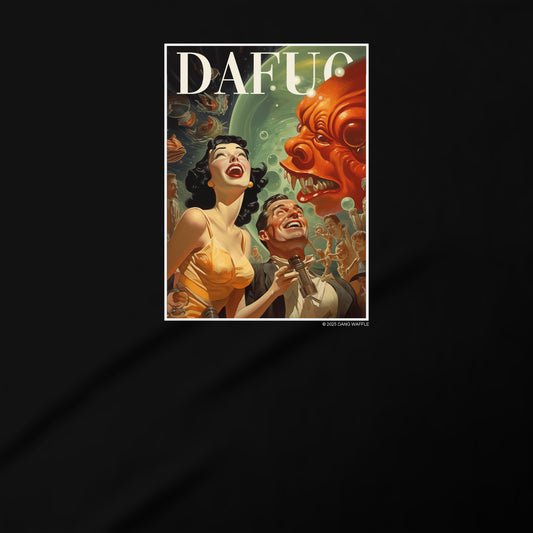 The image is a poster featuring a woman and a man, with a large red creature in the background. The woman appears to be laughing, while the man looks concerned. The poster has a vintage style with a black background and white text.