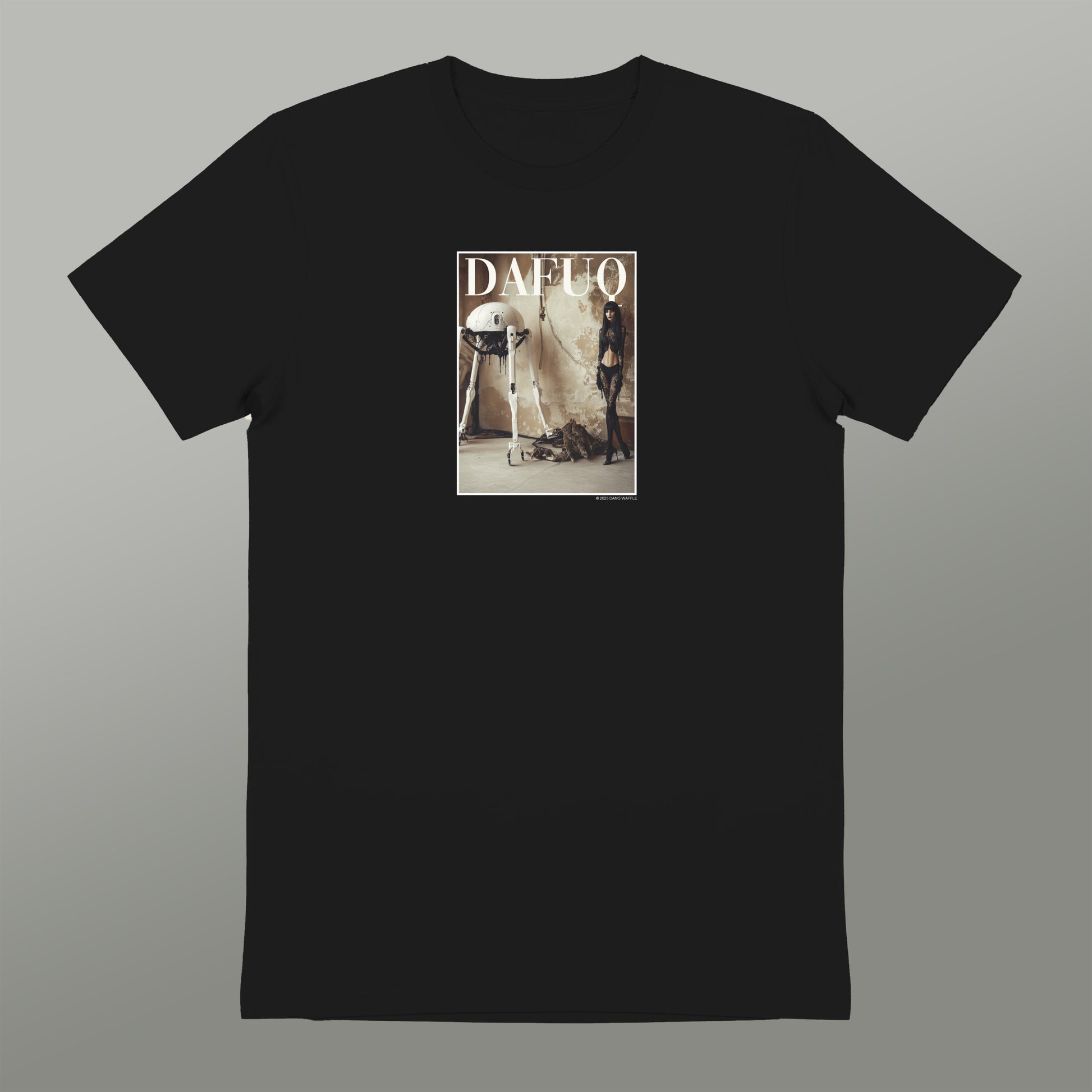 The image is a black t-shirt with a graphic design featuring a person standing in front of a wall.