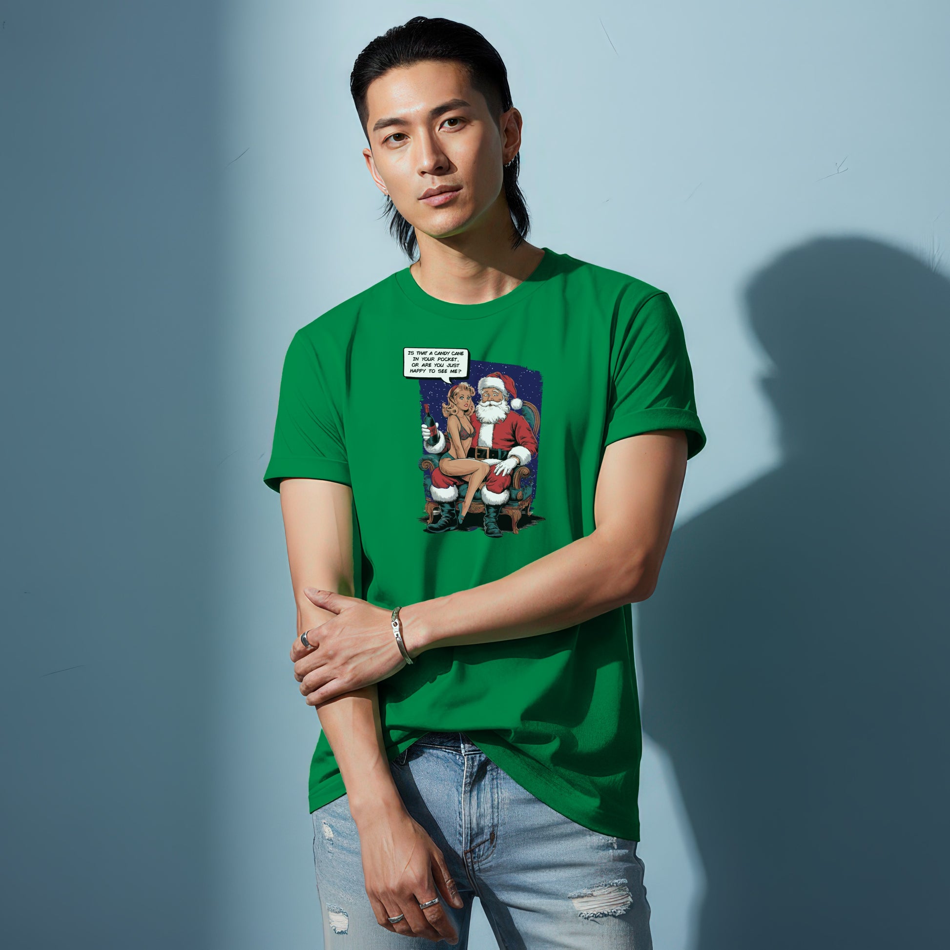 Santa and Reindeer Sitting on Bench Graphic T-shirt