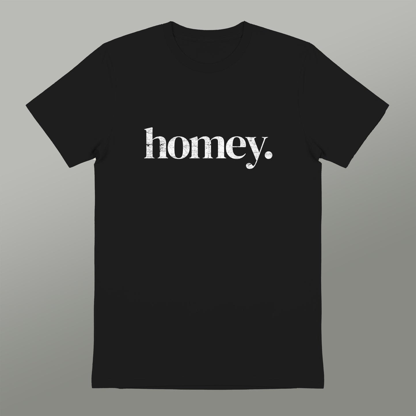 A black t-shirt with the word "honey" printed in white text.