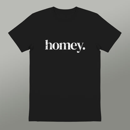 A black t-shirt with the word "honey" printed in white text.