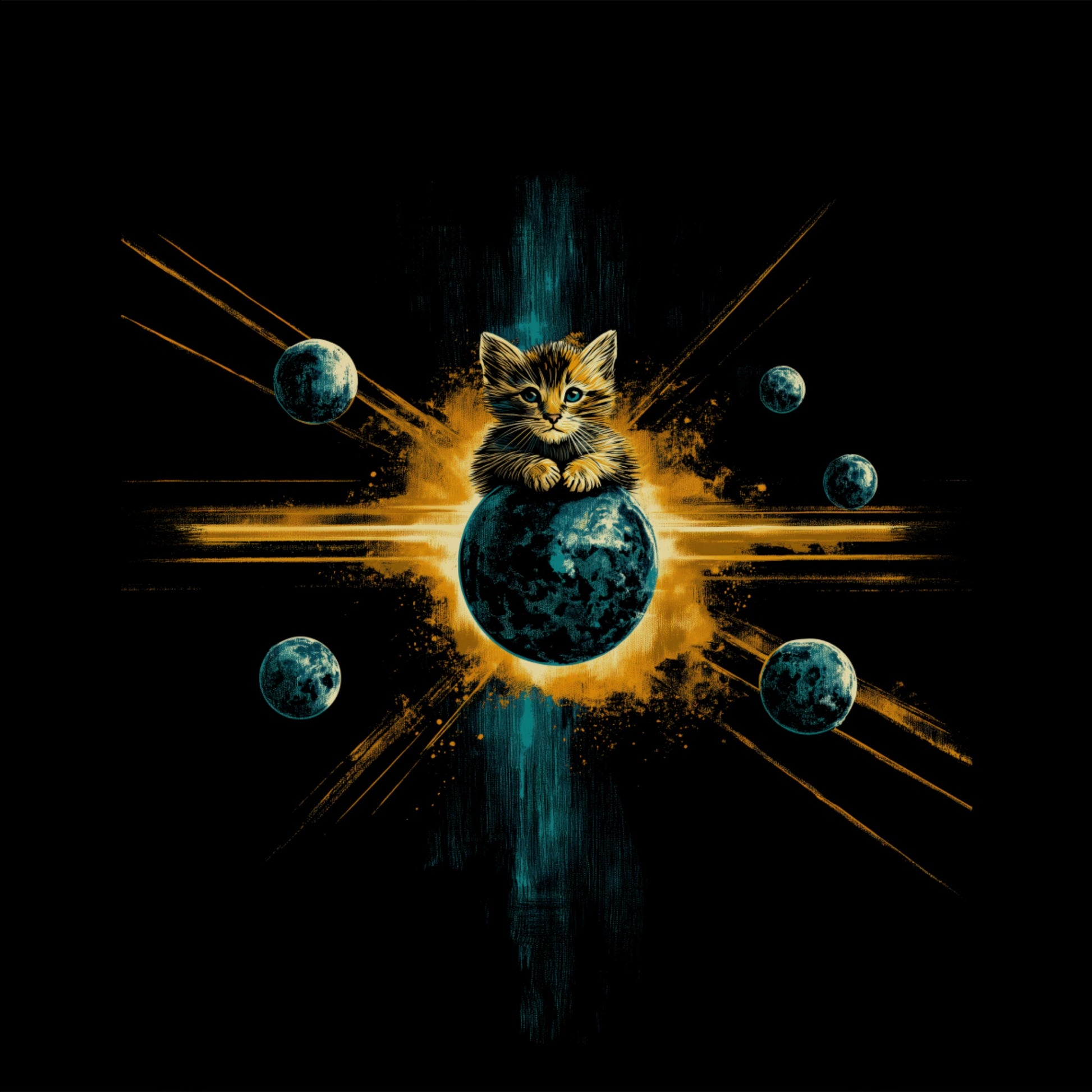 Cosmic Kitten Surrounded by Moons Illustration