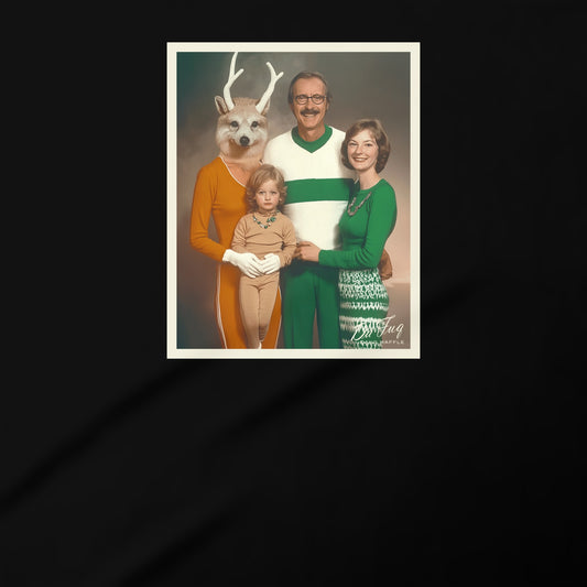 A family portrait featuring a man, a woman, and a child, with a deer head in the background.