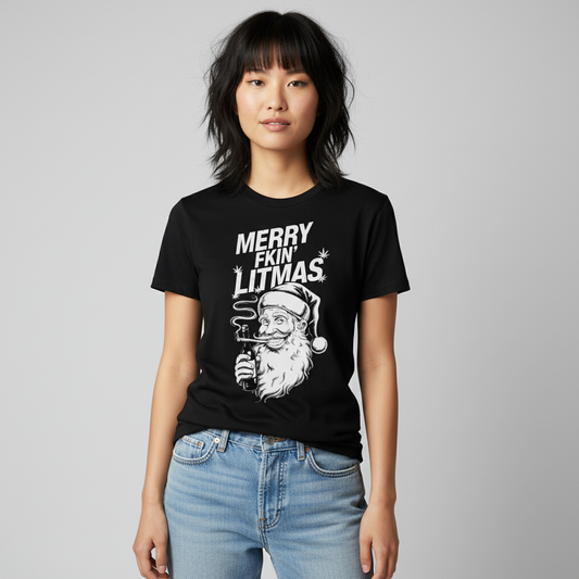 Alternative Asian female with bangs wearing Santa Gettin Lit T-Shirt in black