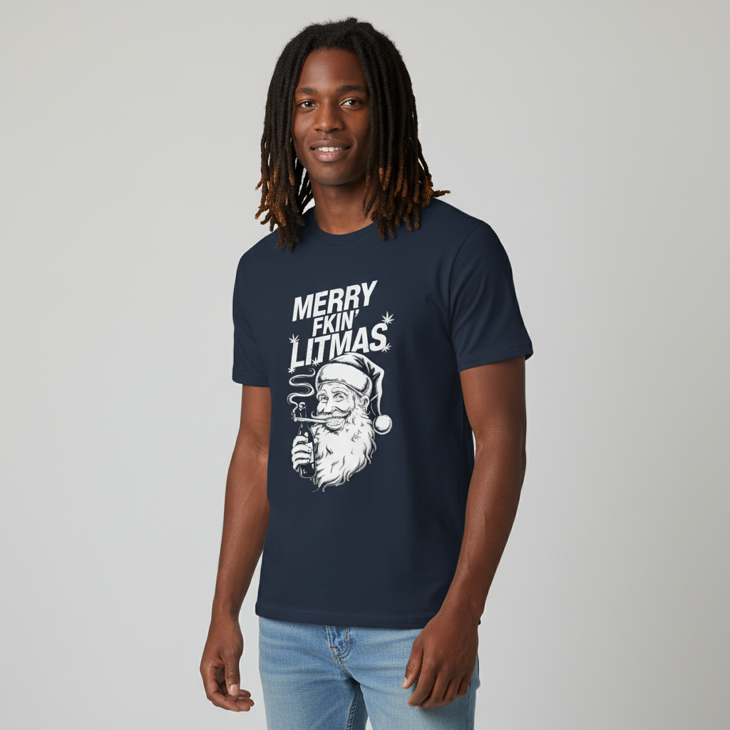 Alternative Black male with dreadlocks wearing Santa Gettin Lit T-Shirt in navy