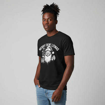 Alternative Black male with man bun wearing Merry Litmas T-Shirt in black