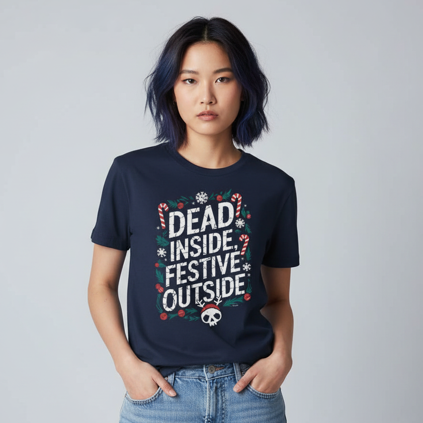 Alternative East Asian female wearing Dead Inside Festive T-Shirt in navy