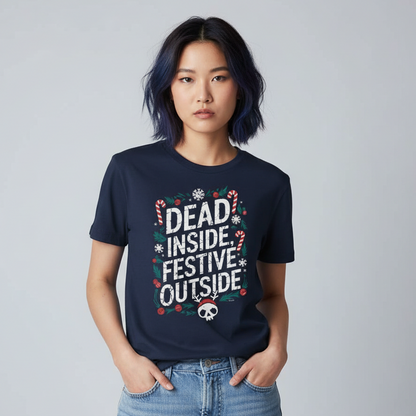 Alternative East Asian female wearing Dead Inside Festive T-Shirt in navy